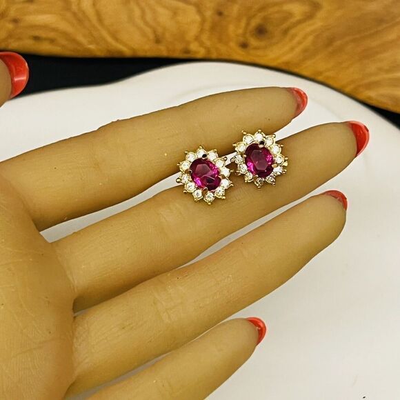Vintage ROMAN Faux Pink Sapphire Ruby Rhinestones Stud Earrings Flower NICE 4081 - Picture 8 of 13